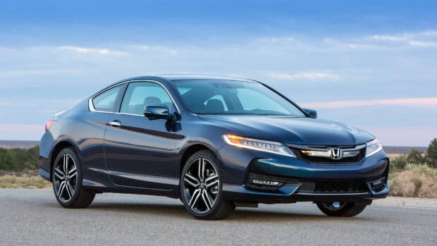 A sleek blue Honda Accord coupe is parked on a road with a desert background, HD Desktop Wallpaper