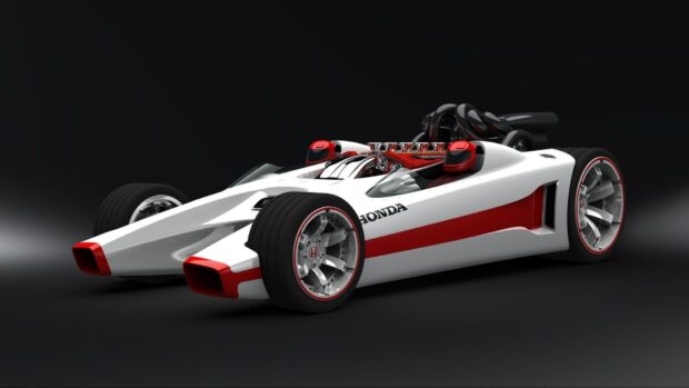 A sleek Honda race car with a white and red color scheme is showcased in front of a dark background, HD Desktop Wallpaper