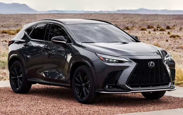 A sleek Lexus Nx is parked on a desert road with mountains in the background, HD Desktop Wallpaper