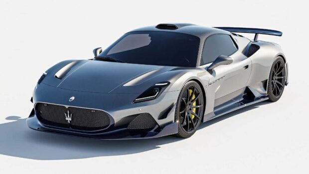 A metallic gray Maserati Mc20 is shown with aerodynamic features and black rims, HD Desktop Wallpaper