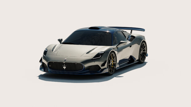 A sleek Maserati Mc20 sports car with sharp aerodynamic features is presented on a plain background, 4K Desktop Wallpaper