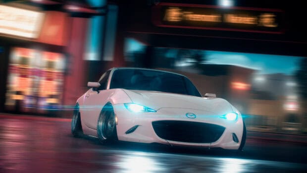 A white Mazda MX 5 Miata is driving fast on a wet street at night, 4K Desktop Wallpaper