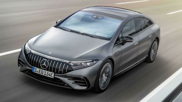 A sleek silver Mercedes Benz Eqs driving smoothly on a highway, HD Desktop Wallpaper