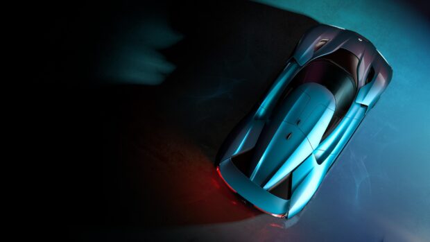 A sleek blue Nio auto is shown from above with glowing red taillights at night, 4K Desktop Wallpaper