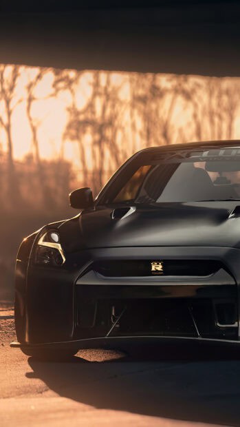 A black Nissan GT R is parked with trees glowing in the sunset background, 4K Phone Wallpaper