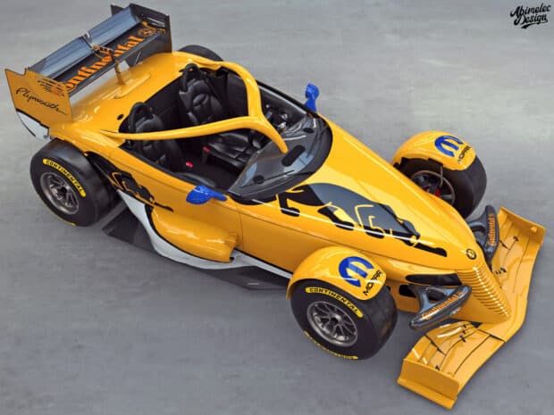A yellow Plymouth Prowler car with racing decals in a studio setting, HD Desktop Wallpaper