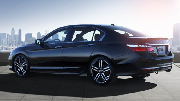 A sleek black Honda Accord is parked on a city rooftop with skyscrapers in the background, 4K Desktop Wallpaper