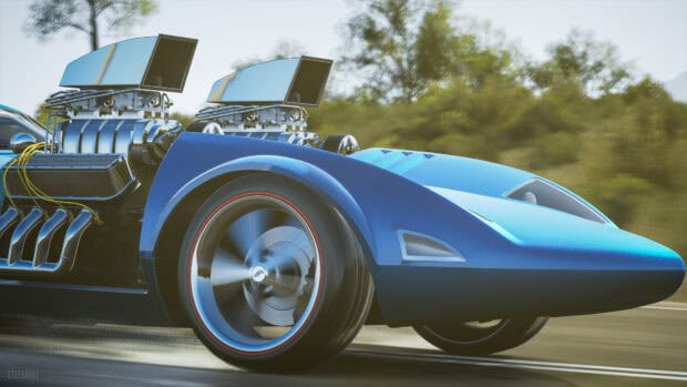 A blue Hot Wheels car with dual engines races down a road surrounded by trees, 4K Desktop Wallpaper