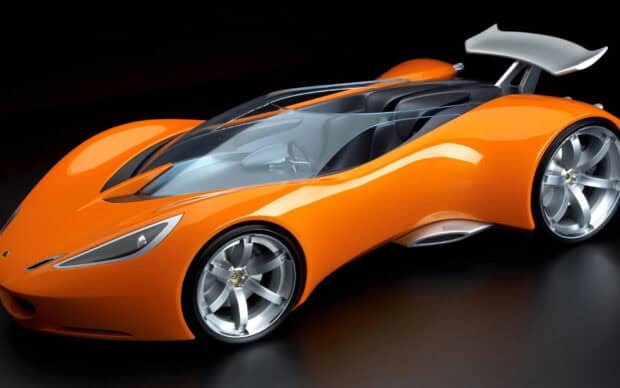A sleek orange sports car with aerodynamic curves and silver rims is shown, HD Desktop Wallpaper