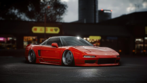 A red Honda NSX is parked with city lights blurred in the background, 4K Desktop Wallpaper