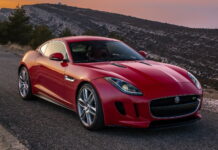 The red Jaguar F Type is parked on a mountain road during sunset, HD Desktop Wallpaper