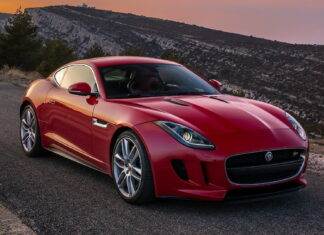 The red Jaguar F Type is parked on a mountain road during sunset, HD Desktop Wallpaper