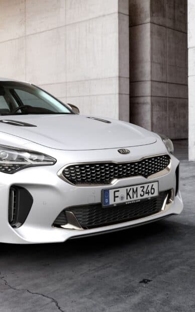 A white Kia car with a detailed grille and license plate parked by a concrete wall, HD Mobile Wallpaper