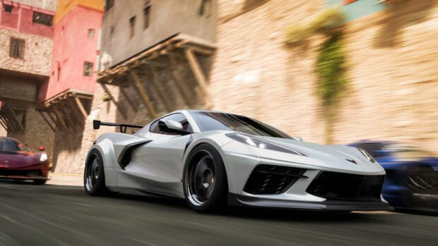 A white racing car is shown speeding through a narrow city street in a racing game wallpapers scene, HD Desktop Wallpaper