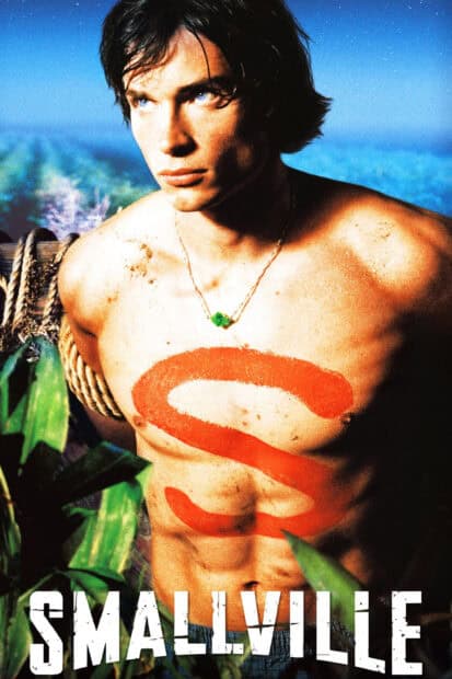 A shirtless man with a red S painted on his chest stands among green leaves in Smallville TV series, 2K Mobile Wallpaper