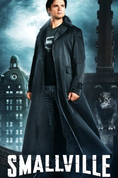 A man wearing a black coat stands on a rooftop with a full moon in the background from Smallville TV series wallpapers, 2K Desktop Wallpaper