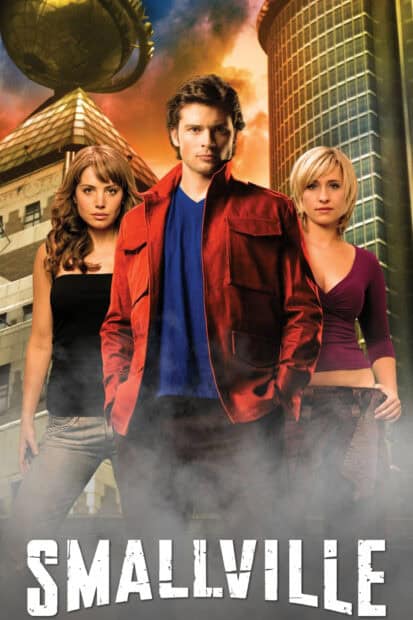 The Smallville tv series cast stands confidently in front of city structures, 2K Mobile Wallpaper