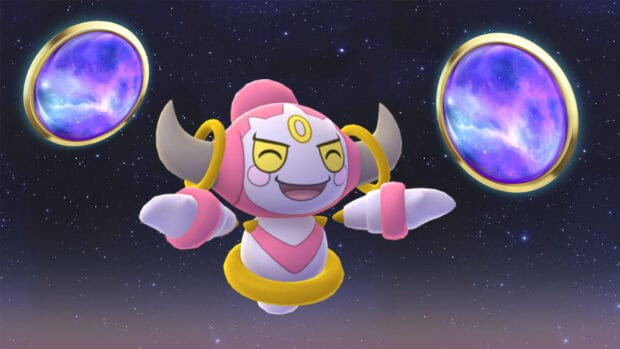 The Hoopa character smiles surrounded by glowing cosmic rings in space, HD Desktop Wallpaper