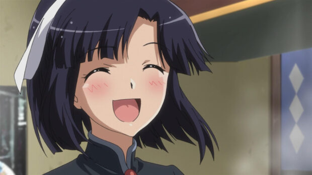 A joyful anime girl with dark hair smiles brightly in a classroom from The World God Only Knows, HD Desktop Wallpaper
