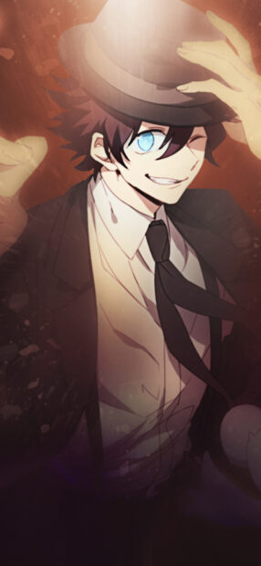 A character wearing a suit and hat winks with a glowing blue eye in Kekkai Sensen wallpapers, HD Phone Wallpaper
