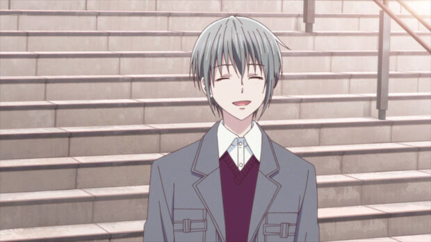 A happy male character from Fruits Basket anime stands in front of stairs, HD Desktop Wallpaper