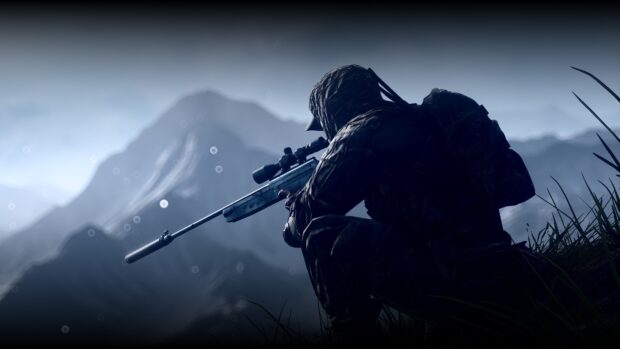 A soldier aims his sniper rifle carefully in a mountainous area in this shooter game wallpaper, 4K Desktop Wallpaper