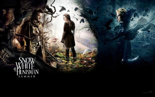 The main characters from Snow White And The Huntsman stand amid a dark and mystical forest setting, HD Desktop Wallpaper