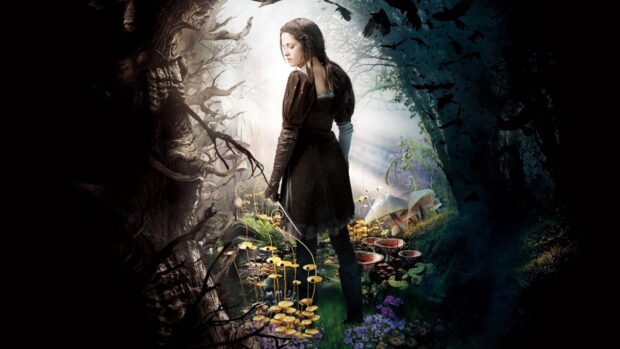 A woman stands in a mystical forest with mushrooms and dark twisted trees, HD Desktop Wallpaper