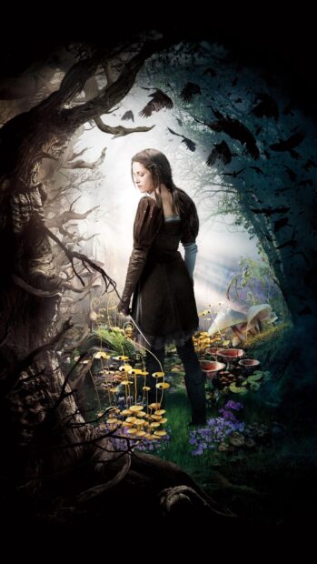 A woman stands in a mystical forest surrounded by flying birds and glowing plants, 2K Mobile Wallpaper