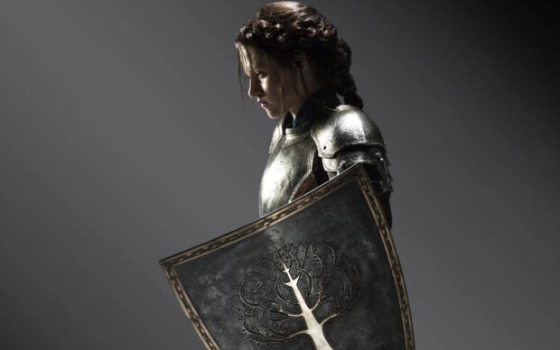 A woman in armor holds a decorated shield looking serious and focused, 2K Desktop Wallpaper