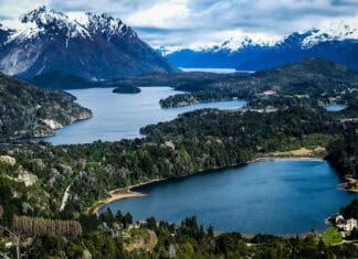 A beautiful view of Nahuel Huapi with snowy peaks and lakes, HD Desktop Wallpaper