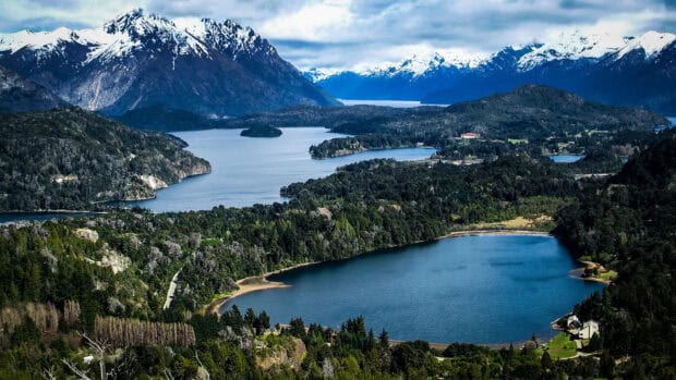 A beautiful view of Nahuel Huapi with snowy peaks and lakes, HD Desktop Wallpaper