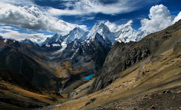 The snow covered mountains dominate the Peru landscape under a dramatic sky, HD Desktop Wallpaper