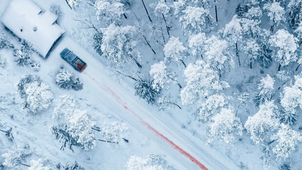 Fargo Wallpapers, A car leaves a red blood trail through the snowy forest road in Fargo Wallpapers, HD Desktop Wallpaper