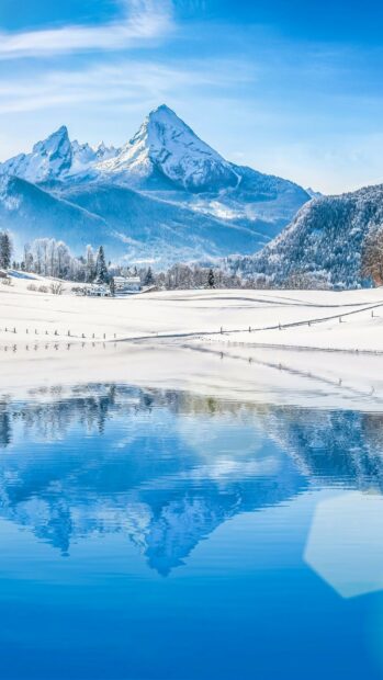A snowy mountain peak reflects in a bright blue lake under a clear sky in glacier wallpapers 4K and HD, HD Mobile Wallpaper
