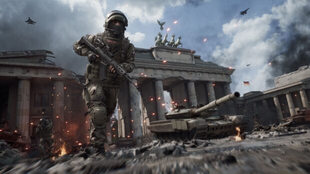A soldier is advancing cautiously near a tank in a shooter game battle scene, HD Desktop Wallpaper