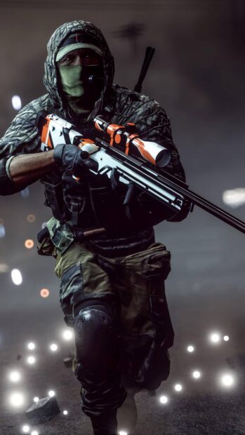 A soldier in tactical gear is aiming with a high tech sniper rifle in a dark battlefield, 4K Mobile Wallpaper