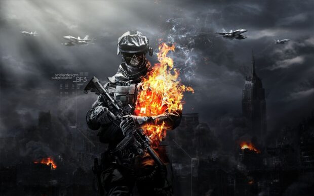 A soldier engulfed in flames stands ready with a rifle in a dark war torn city, HD Desktop Wallpaper
