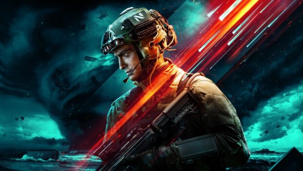 A soldier in futuristic combat gear holds a rifle ready for battle in a stormy environment, HD Desktop Wallpaper