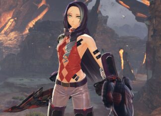 A female warrior from God Eater stands in a rugged canyon setting holding a weapon, HD Desktop Wallpaper