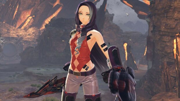 A female warrior from God Eater stands in a rugged canyon setting holding a weapon, HD Desktop Wallpaper