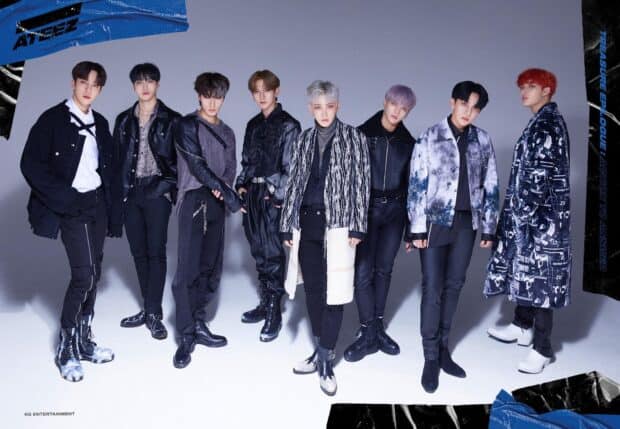 Song Min Gi Ateez stands in a group wearing stylish black and white outfits, HD Desktop Wallpaper