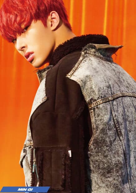 Song Min Gi Ateez is wearing a denim jacket against an orange background, HD Mobile Wallpaper