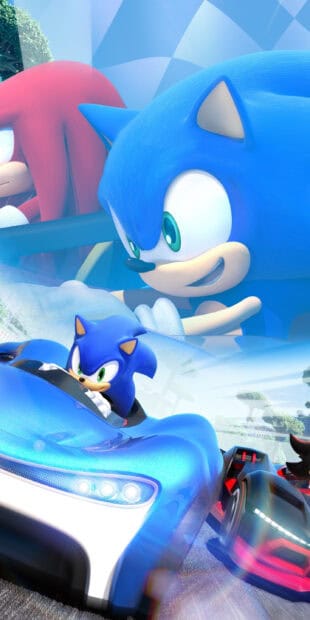 Sonic racing characters compete in colorful cars on a vibrant track, 2K Phone Wallpaper