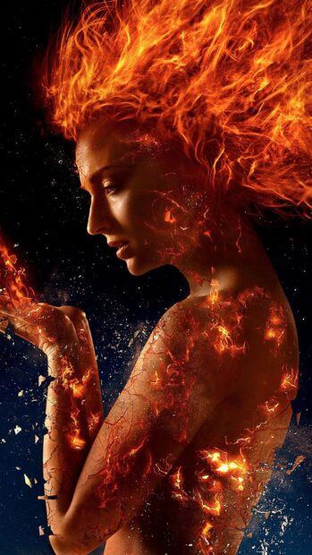 Sophie Turner Phoenix fiery transformation shows her engulfed in flames and glowing embers, 4K Phone Wallpaper