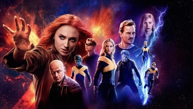 Sophie Turner Phoenix powers surround her and other characters in a cosmic scene, 4K Desktop Wallpaper