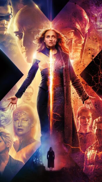 Sophie Turner as Phoenix stands surrounded by characters with glowing eyes and fiery effects, 4K Phone Wallpaper