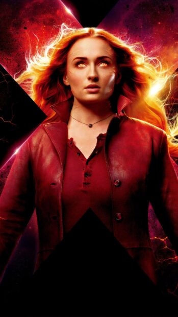 Sophie Turner as Phoenix with glowing eyes and fiery hair, 2K Mobile Wallpaper
