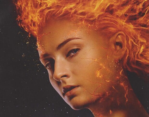 Sophie Turner as Phoenix shows her fiery transformation with glowing cracks and flames, HD Mobile Wallpaper