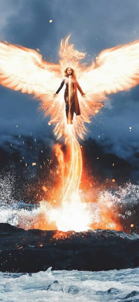 Sophie Turner as Phoenix rises with fiery wings above the ocean waves, HD Phone Wallpaper